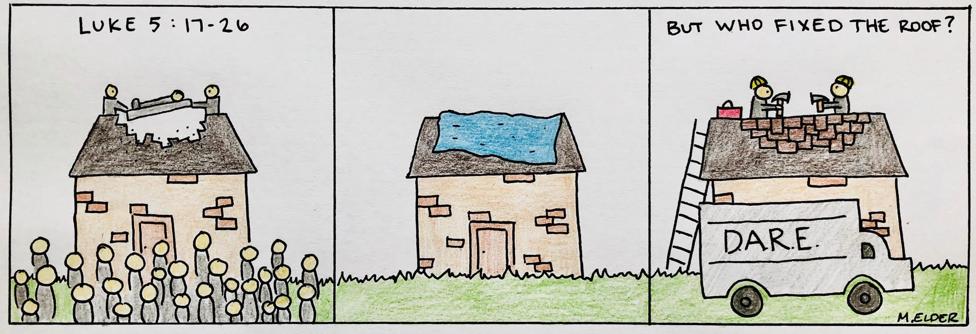 Three-panel comic: Luke 5:17-26 — the roof is opened, a tarp is placed, then D.A.R.E. arrives to fix it properly. 'But who fixed the roof?'
